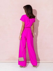 Combinaisons pour femmes de couleur unie, col en V, taille haute, jambe large et détail cravate chic - Product Image 6