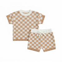 Ensemble de vêtements pour bébé en coton tricoté à carreaux personnalisable, col rond, manches courtes, 2 pièces