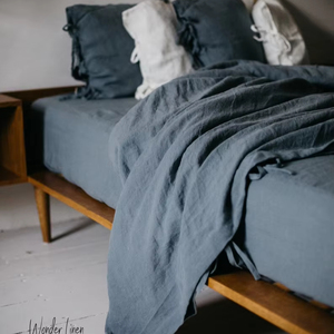 100% Linen Shabby Chic <b>Bedding</b> <b>Set</b> King/Queen Size Duvet Cover 2 Pillowcases Stitching Ties Dusty Blue/Grey/Wood Rose/White - Product Image 1