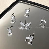 0252 S925 Argent Sterling, Ensemble de Boucles d'Oreilles Clous Étoile, Ailes et Lune en Zircon Cubique, Petites et Délicates, pour Femme, Élégantes