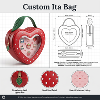 Sac Ita fantaisie et romantique en forme de cœur, doublure à motifs de cœurs, fenêtre transparente de 0,5 mm, quincaillerie dorée, sac unique pour fruits et produits divers