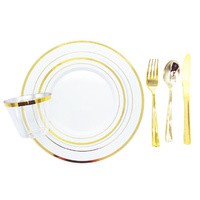 Assiettes rondes en plastique blanc robuste avec kits de fournitures de fête jetables à bord personnalisé pour les mariages et les dîners