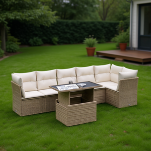 Ensemble de canapés de jardin modulaires en polyrotin beige 6 places, mobilier d'extérieur au design moderne - Product Image 2