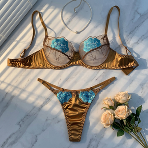 Wholesale Satin <b>Rose</b> Embroidery Sexy Lingerie Set Breathable <b>Light</b> Sheer Mesh Underwire Bra and Thong Set 2 Piece Lace Intimates - Product Image 2