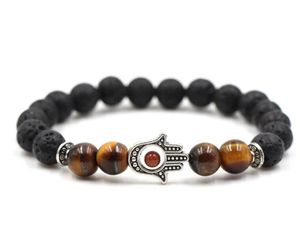 Natural Gemstone Hamsa Hand Beaded Stretch Bracelet Eye 8mm <strong>Lava</strong> <strong>Stone</strong> Protection Beads Yoga Chakra Healing Jewelry