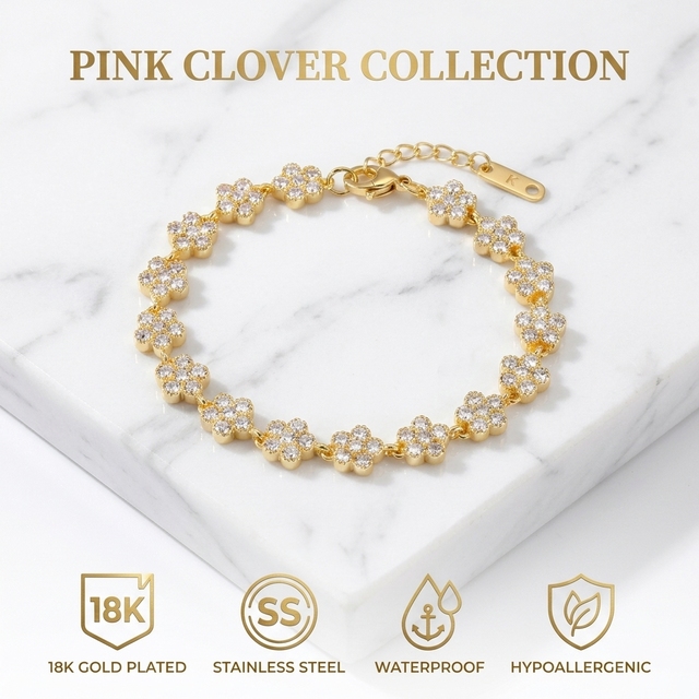 Factory Direct 18K Gold Plated Stainless Steel 3D Heart Clover Zircon Bracelet, Trendy European Jewelry for Women Wholesale