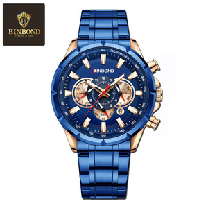 Binbond Men's Chronograph Watch Blue Stainless Steel Band Tachymeter Luminous Water Resistant Analog Quartz Watch - Product Image 5