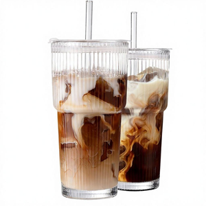 Gobelets à café glacé avec couvercles, gobelet <span class=keywords><strong>en</strong></span> <span class=keywords><strong>verre</strong></span> côtelé avec paille et couvercle, gobelet anti-fuite de <span class=keywords><strong>20</strong></span> oz, gobelets <span class=keywords><strong>en</strong></span> <span class=keywords><strong>verre</strong></span> réutilisables pour bar à café - Product Image 1