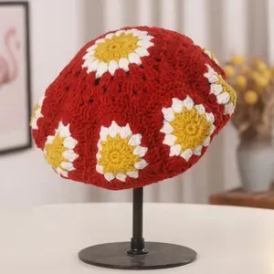 Mulheres moda mão crochê flores boina chapéus