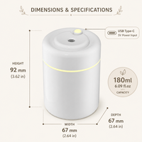 Mini humidificateur d'air pour voiture 180 ml, USB, silencieux, ultrasonique, diffuseur d'arômes à brume froide avec veilleuse d'ambiance pour bureau et chambre