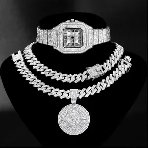 Hip Hop Men Watch Rhinestone Jewelry sets Iced Out Watch+bracelet +Necklace+ pendant set Gold Cuban Chains Diamond Watch for men