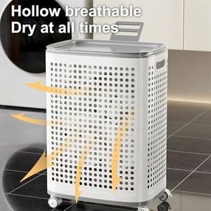 <b>Plastic</b> Laundry <b>Basket</b> with Lid and Wheels, Clothes Hamper with Side Compartments and Brakes, Portable Laundry Hamper on Wheels - Product Image 3