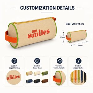 Custom Logo Canvas Cylindrical Pencil <b>Case</b> with Handle, Colorblock Zipper Cosmetic Bag for School Travel and Daily Storage - Product Image 1