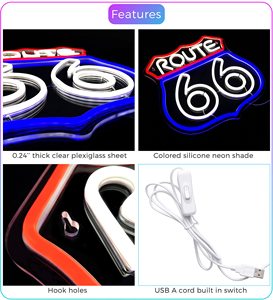 ป้ายไฟนีออน LED วินเทจ Route 66 ปรับแต่งได้ ป้ายทางหลวงคลาสสิกสำหรับตกแต่งผับ บ้าน บาร์ สำนักงาน และร้านค้าปลีก - Product Image 4