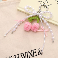 Gantungan Kunci Tulip Rajut Tangan dengan Pita Mutiara, Liontin Bunga Tenun Girly, Gantungan Dompet Kunci, Liontin Bunga Manis untuk Tas Wanita