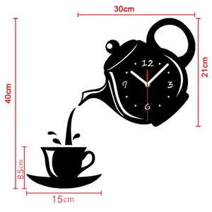 Horloge murale créative 3D en acrylique en forme de tasse à café et théière, horloge numérique DIY, autocollant mural, décoration pour cuisine, salon, salle à manger - Product Image 6