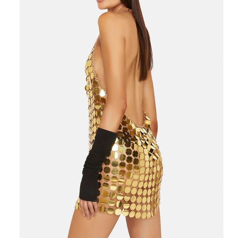 Stylish Female Sleeveless Backless Sequin Party Dress - Mini Chainmail in Gold/Silver for Women - Perfect Disco Attire Stylish Female Sleeveless Backless Sequin Party Dress - Mini Chainmail in Gold/Silver for Women - Perfect Disco Attire