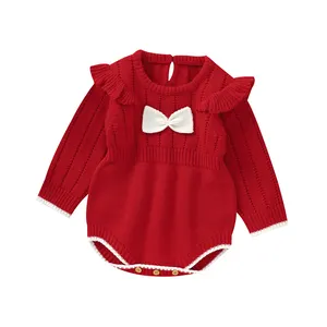 Детский красный комбинезон с длинным рукавом для девочек на осень-зиму вязаная детская одежда