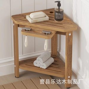 Leda Wooden Bathroom Stool <b>Storage</b> <b>Rack</b> Solid Wood Triangular Double Layer <b>Shower</b> Seat Organizer For Bath And <b>Shower</b> Use - Product Image 4
