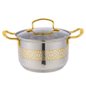 Casserole en acier inoxydable avec motif doré et couvercle en verre, design moderne et luxueux, durable, pour cuisinière à gaz et à induction - Product Image 1