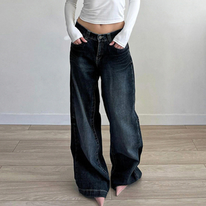 Jeans amples de style américain pour femmes, fermeture éclair asymétrique, jambe droite, large, longueur au sol, pantalon en denim - Product Image 3
