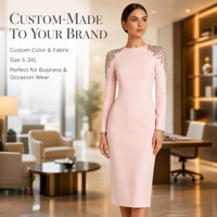 Gaun Midi Kristal Pink Muda Berhias Manik-Manik di Bahu Lengan Panjang Model Sheath untuk Pesta Malam Pengantin OEM ODM Langsung dari Pabrik