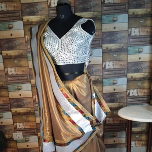 Elegant Golden Saree With Silver Sequin <b>Blouse</b> <b>and</b> Multicolored Border - Product Image 1