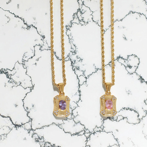 Collier pendentif en acier inoxydable plaqué or avec pierre ovale en zircon et chaîne à maillons pour femme, bijoux cadeau, VENTE EN GROS - Product Image 2