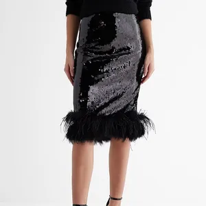 OEM good quality women cocktail party mid rise sequin pencil skirt feather hem midi skirt STK2419A