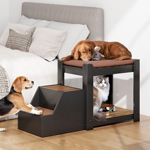 カスタムモダンな高床式犬用ベッド、取り外し可能な<span class=keywords><strong>2</strong></span>段木製犬用階段付きペット用スロープベッド、窓辺収納付き - Product Image 4