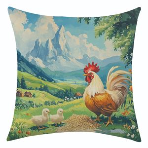 Funda de cojín cuadrada de estilo nórdico con diseño de gallo y pollitos para sala de estar, funda de almohada decorativa, diseño extraíble - Product Image 5