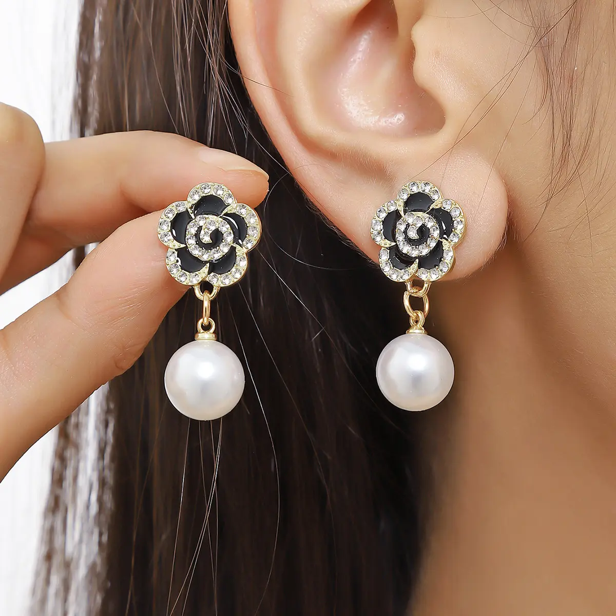 Dangle Drop Earrings Black Rose Flower Imitation Pearl Fashion Drop Earrings For Women
