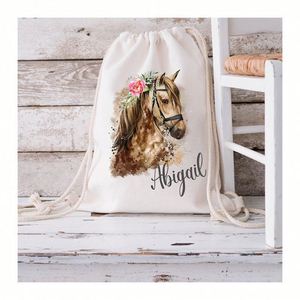 Personalized Horse <b>Drawstring</b> Bag Kids School Gym Swim PE Nursery <b>Backpack</b> Custom Name Design - Product Image 1