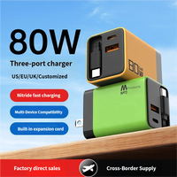 Chargeur rapide GaN 80W 3 ports avec câble rétractable intégré USB-C pour téléphones et ordinateurs portables multi-appareils, prise pliable