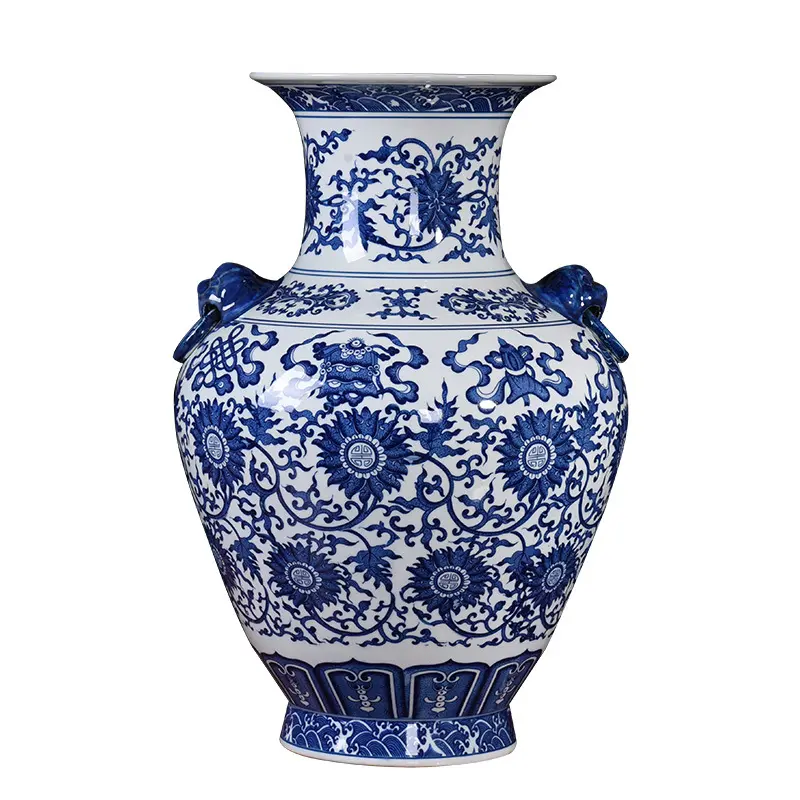 Jarrones de porcelana azul y blanca de dos orejas, diseño nuevo, barato