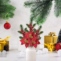 Fleur de Noël artificielle faite à la main en tissu rouge de 35 cm, feuilles de pin, baies, directement de l'usine, pour la décoration de l'arbre de Noël