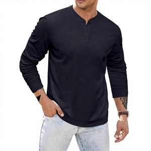 เสื้อยืดลำลองผู้ชายแขนยาวคอวีผ้าถักสีพื้นทรงปกติสีดำ - Product Image 1