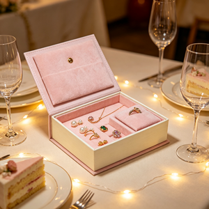 Caja de Regalo Rosa para Joyerí<span class=keywords><strong>a</strong></span> con Cadena Dorada, Pendientes de Perlas, Anillos, Copas de Vino, Rebanadas de Pastel, Empaque al por Mayor, Set de Regalo - Product Image 1