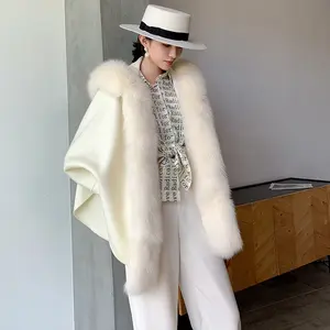 High Quality 100% Australia Wool Coat Fashion Batwing Sleeve For Girls Natural Fox Fur Collar and Trim Winter Warm Fur Cape