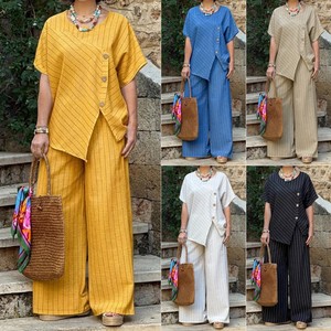 Conjunto de Dos Piezas para <span class=keywords><strong>Mujer</strong></span>, Verano 2026, <span class=keywords><strong>Camisa</strong></span> de <span class=keywords><strong>Manga</strong></span> Corta a Rayas <span class=keywords><strong>y</strong></span> Pantalones Holgados, Venta al Por Mayor - Product Image 2