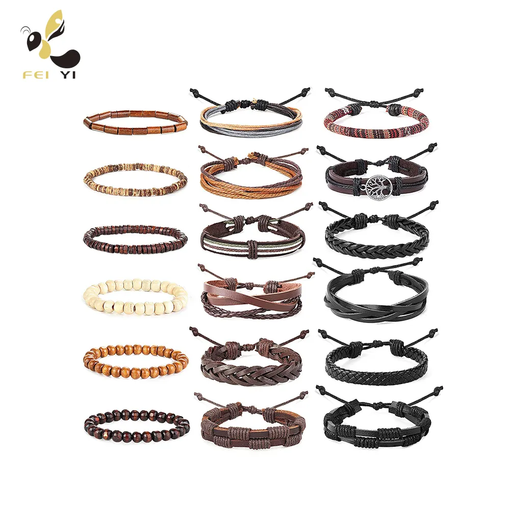 Wholesale Mixed Braided Multilayer Genuine Cuff Wrap Adjustable Leather Bracelets For Men