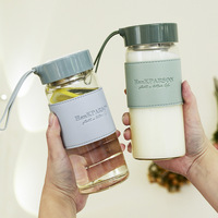 Gobelet en verre borosilicate transparent anti-fuite avec logo personnalisé, sans BPA, bouteille d'eau portable avec étui en cuir