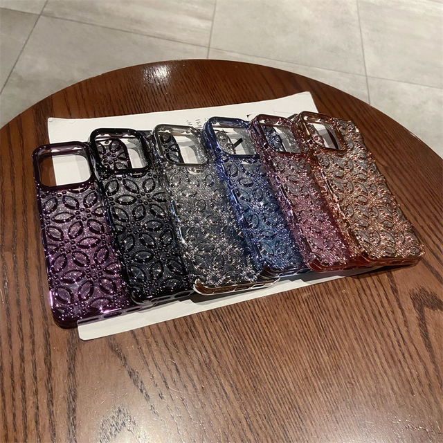 For iPhone 15 Pro Max 14 Plus 13 12 11 XR 7 8 Gradient Glitter Petal Phone Case Soft TPU Electroplated Mobile Cases