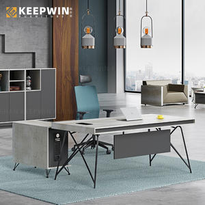 مكتب فاخر على شكل حرف L باللون الأسود والرمادي مع قاعدة معدنية، طاولة مكتب تنفيذية للرئيس التنفيذي، أثاث مكتبي منزلي - Product Image 6