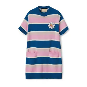 YT Striped Cotton And Wool-blend Dress With Patches Cotton Jersey Dresses