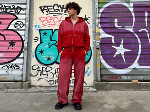 Set Felpa e Pantaloni da Uomo con Logo Personalizzato, Lavaggio Acido, 100% Cotone, Strass, Zip Intera, Taglie Forti, Oversize - Product Image 3