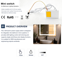 Alimentation à mémoire de forme XSL DC 12V 1A 12W avec variation de température de couleur (CCT), capteur tactile, trois couleurs, pour miroir LED intelligent de salle de bain, indice de protection IP21, certifié CE