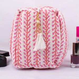 Bolsa Organizadora de Cosméticos de Algodón Acolchada, Portátil, Personalizada, de Gran Capacidad, Ligera y Ecológica, con Estampado de Bloques, Cierre y Borla - Product Image 4