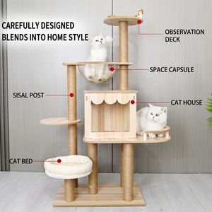 Arbre à chat de luxe en bois, avec condo, structure d'escalade, poteau à gratter en sisal, lit capsule et baldaquin d'observation, mobilier d'intérieur - Product Image 6