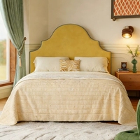 Lit Rétro Français en Bois Massif, Taille Queen, Moderne et Simple, Tissu Jaune Antique, Design en Flanelle, pour Chambre Parentale